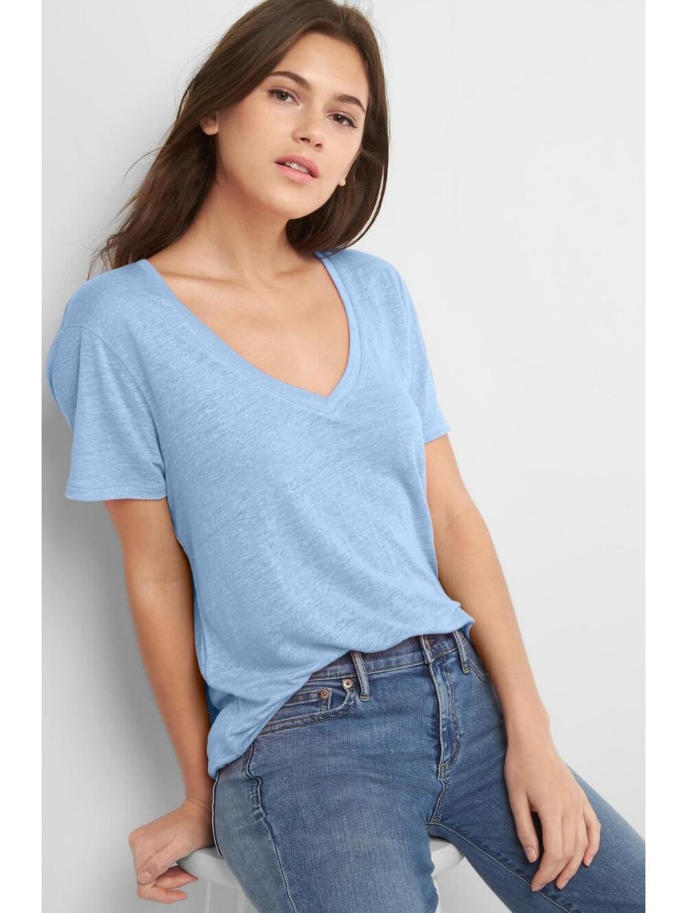 GAP Linen V-Neck T-Shirt Short Sleeve Blue Size Large